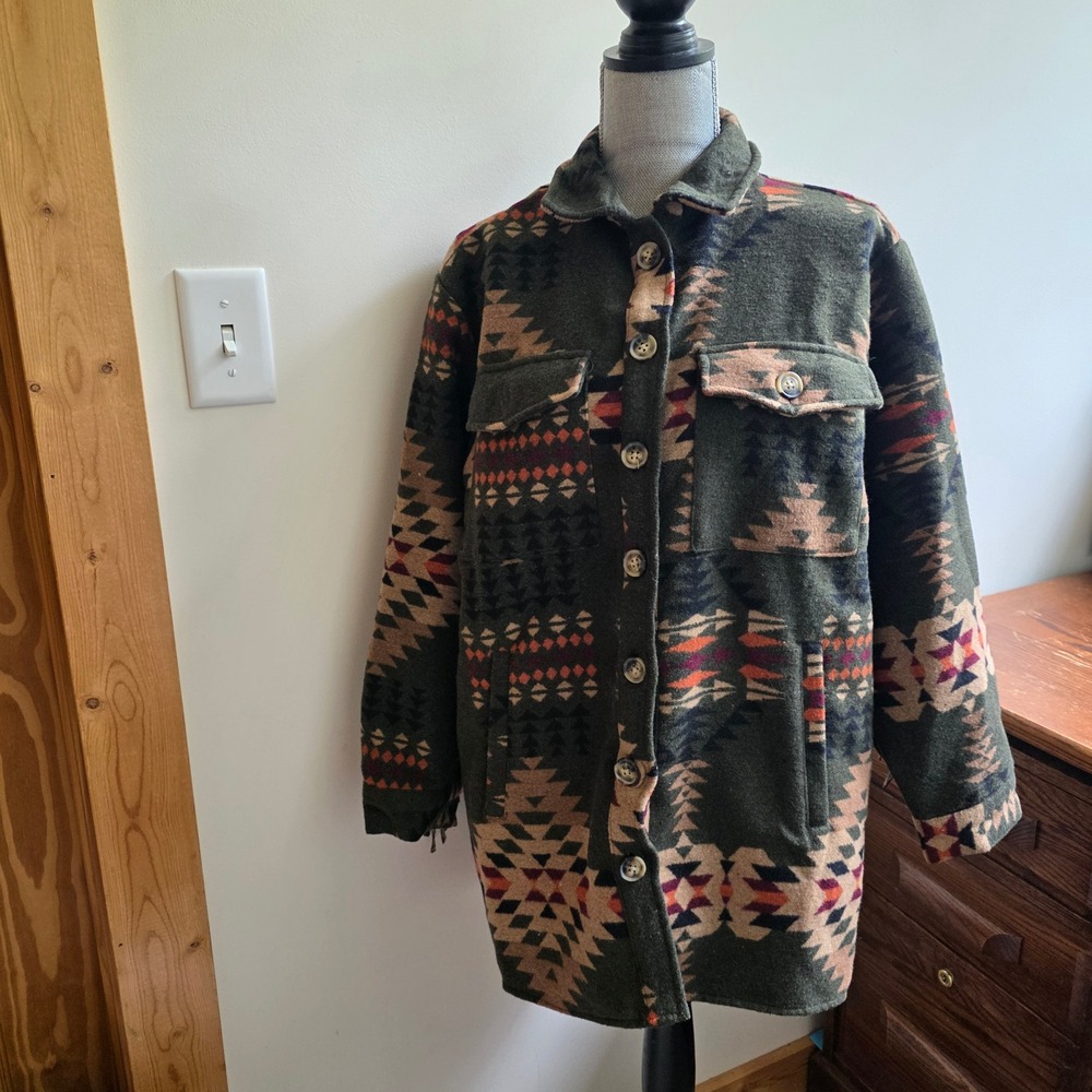 L.I.F.E. Love Is For Eternity Aztec Fringe Shacket Olive Green Southwestern M